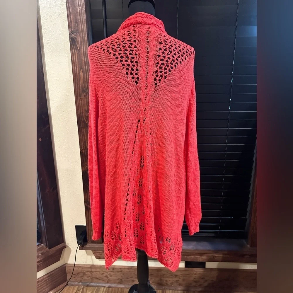 New Directions Long Open Knit Cardigan Coral Red 2X